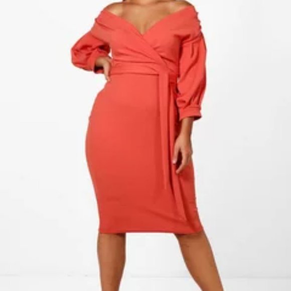 Boohoo Plus Dresses & Skirts - Plus Off The Shoulder Wrap Midi Dress